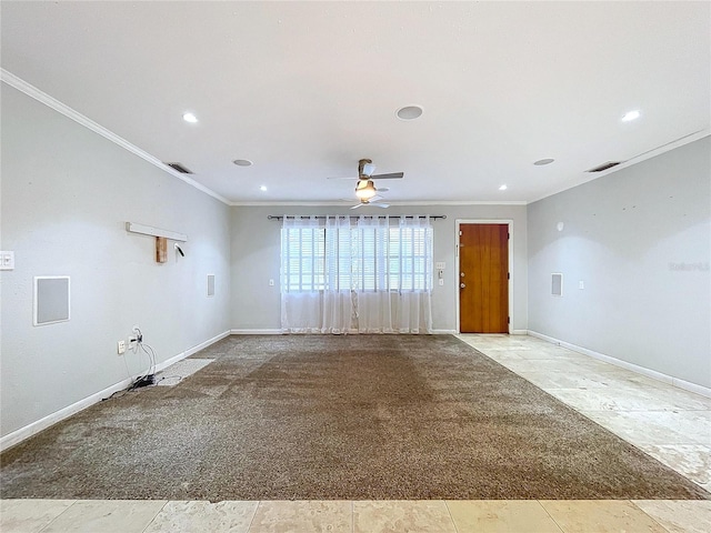 unfurnished living room featuring crown molding, light tile patterned floors, and ceiling fan