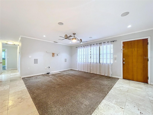 unfurnished living room with crown molding and carpet