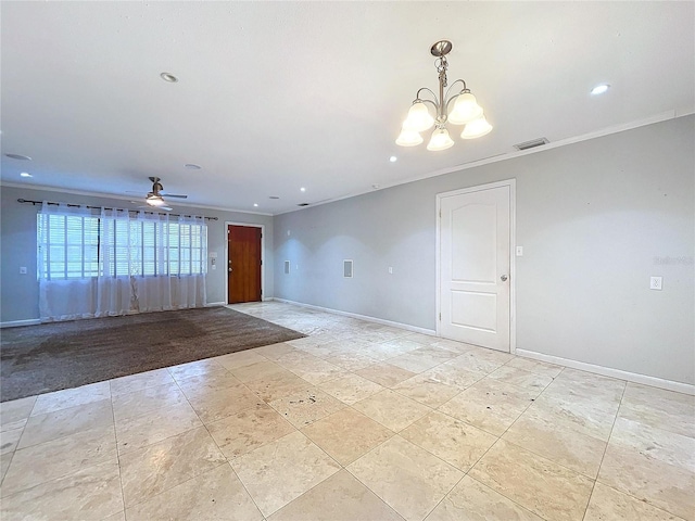 spare room featuring crown molding and ceiling fan with notable chandelier