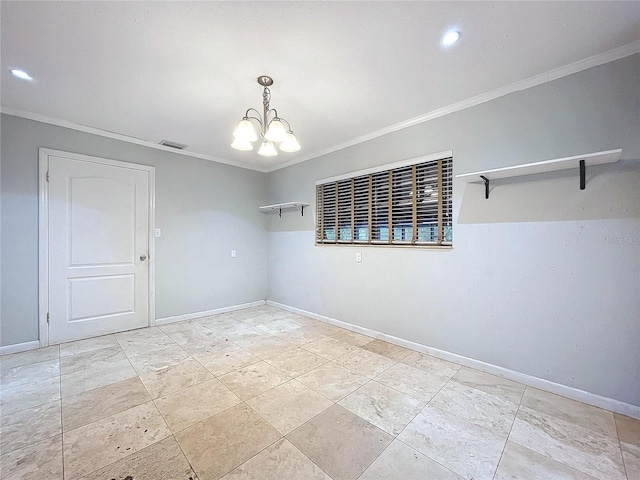 unfurnished room with ornamental molding and a notable chandelier