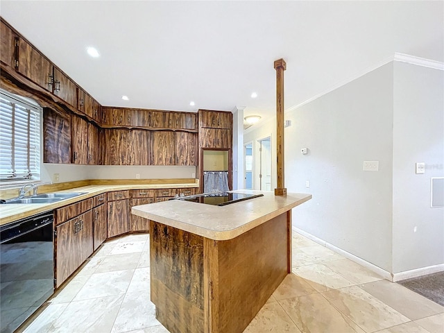 kitchen with crown molding, a center island, sink, and black appliances