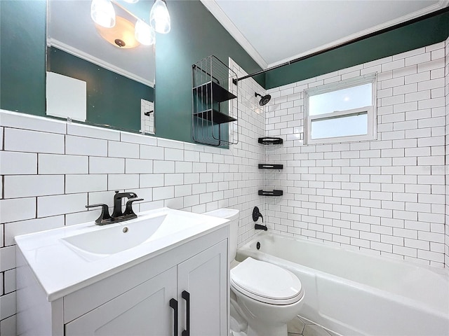 full bathroom with toilet, tiled shower / bath, tile walls, ornamental molding, and decorative backsplash