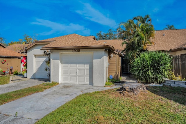 ranch-style house with a garage and a front lawn