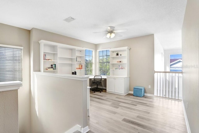 office space featuring a healthy amount of sunlight, ceiling fan, and light hardwood / wood-style flooring