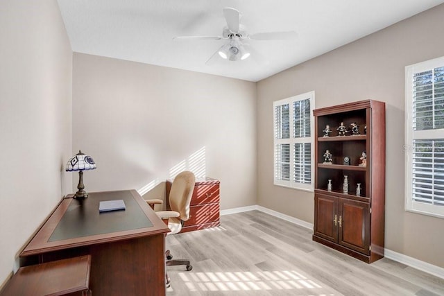 home office featuring ceiling fan and light hardwood / wood-style floors