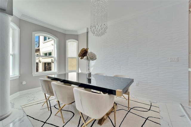 dining space with crown molding, a wealth of natural light, and a notable chandelier