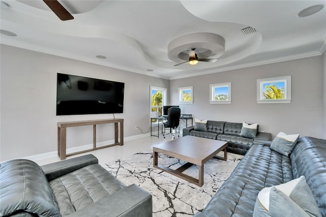 living room featuring ornamental molding and ceiling fan