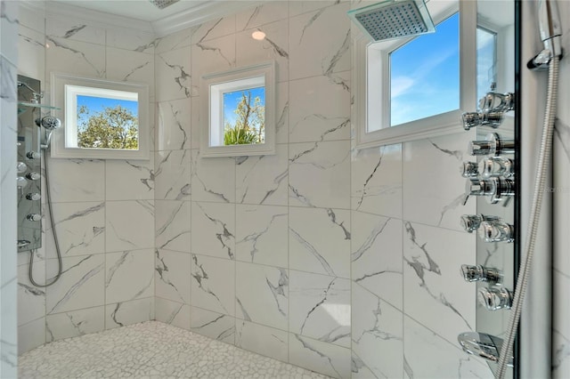 9401 93rd St, Seminole, FL 33777 - bathroom featuring tiled shower and crown molding