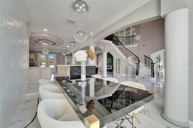 9401 93rd St, Seminole, FL 33777 - dining space with arched walkways, marble tiled floors, stairs, ornamental molding, and a chandelier