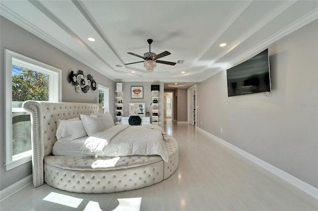 9401 93rd St, Seminole, FL 33777 - bedroom with a raised ceiling, recessed lighting, baseboards, crown molding, and ceiling fan