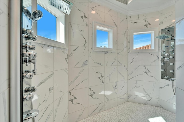 9401 93rd St, Seminole, FL 33777 - bathroom with tiled shower, healthy amount of natural light, and ornamental molding