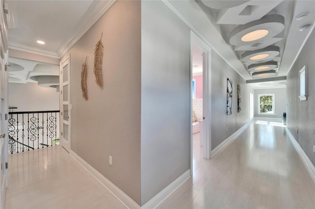 9401 93rd St, Seminole, FL 33777 - hallway featuring baseboards, coffered ceiling, ornamental molding, wood finished floors, and recessed lighting