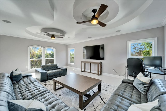 9401 93rd St, Seminole, FL 33777 - living area with a raised ceiling, ceiling fan, ornamental molding, and baseboards