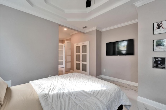 9401 93rd St, Seminole, FL 33777 - bedroom featuring ornamental molding, marble finish floors, recessed lighting, ceiling fan, and baseboards