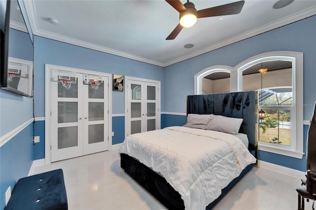 9401 93rd St, Seminole, FL 33777 - bedroom featuring ornamental molding, ceiling fan, baseboards, and french doors