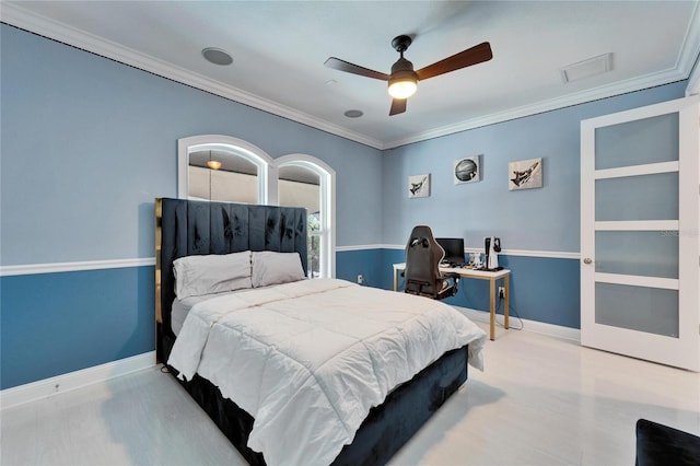 9401 93rd St, Seminole, FL 33777 - bedroom featuring ornamental molding, baseboards, ceiling fan, and an office area