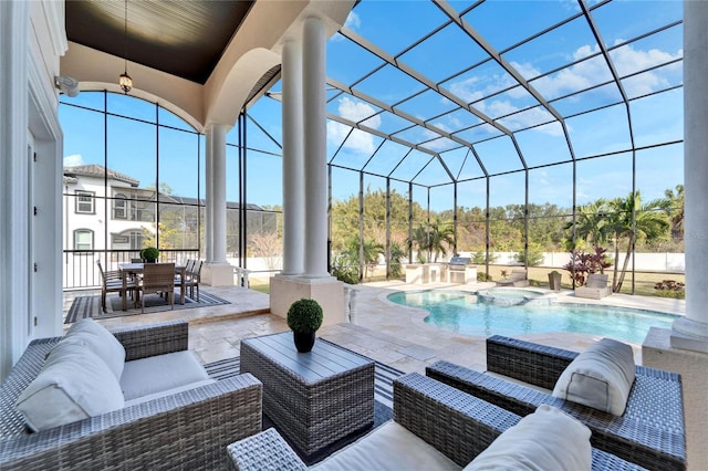 9401 93rd St, Seminole, FL 33777 - view of pool with outdoor lounge area, a patio area, a lanai, and a pool with connected hot tub