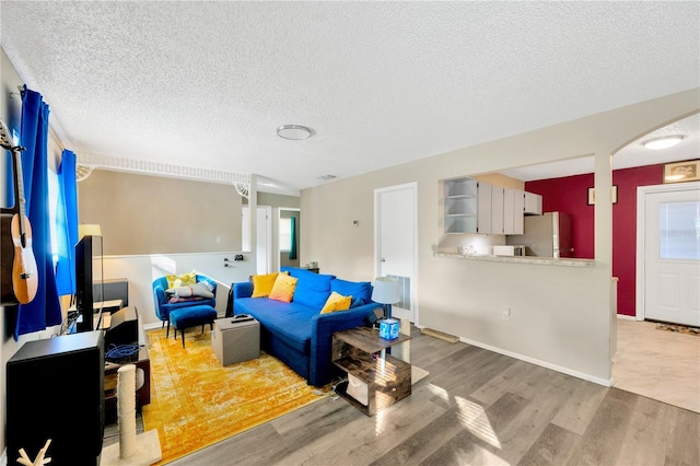 living room featuring wood-type flooring and a textured ceiling