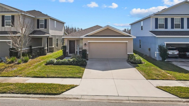 view of front property featuring cooling unit, a garage, and a front yard