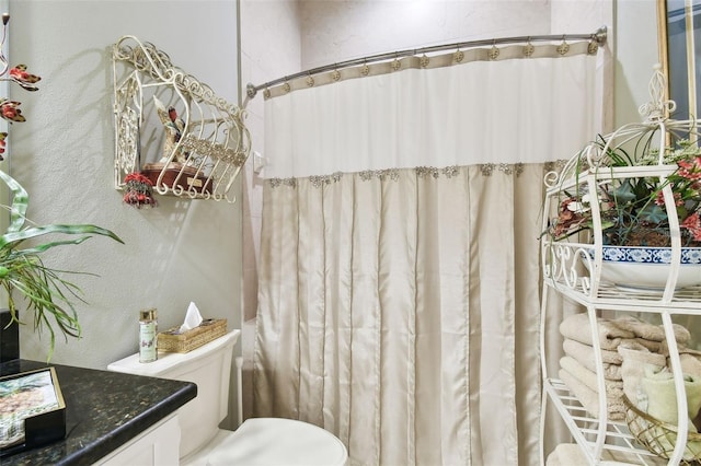 bathroom featuring vanity, toilet, and curtained shower