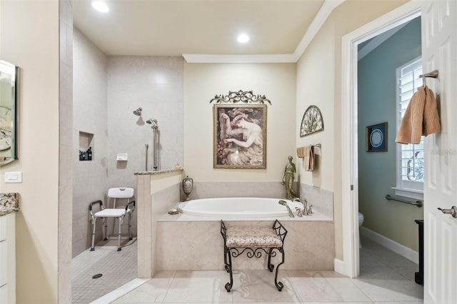 full bathroom featuring vanity, crown molding, shower with separate bathtub, and toilet