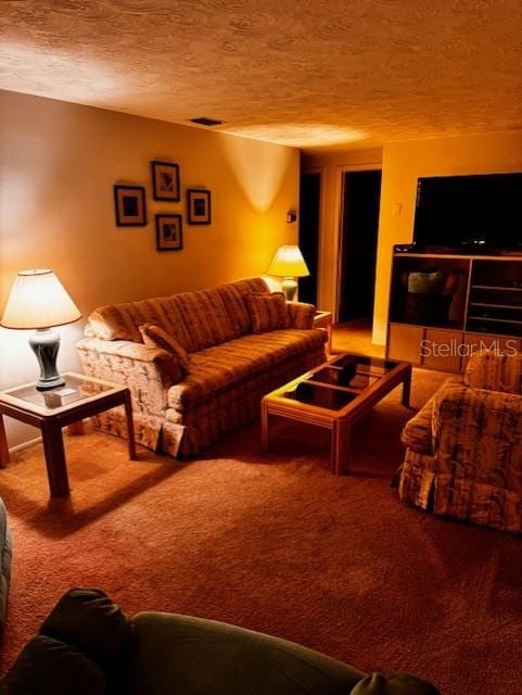 carpeted living room featuring a textured ceiling