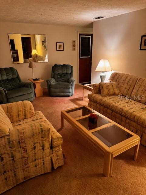 living room featuring carpet and a textured ceiling