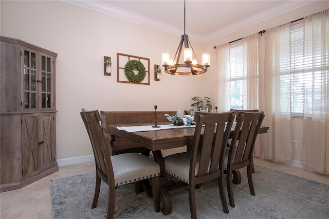 tiled dining area with ornamental molding and a chandelier