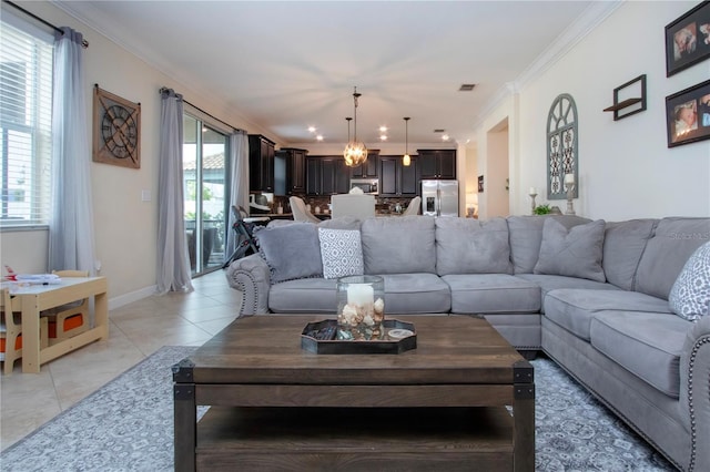 tiled living room with crown molding