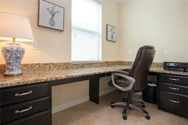 tiled office featuring built in desk