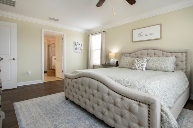 bedroom with hardwood / wood-style flooring, ceiling fan, ornamental molding, and ensuite bathroom