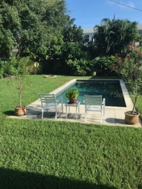 view of swimming pool with a patio and a lawn