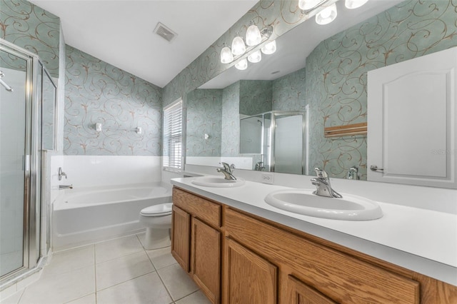 full bathroom with vanity, tile patterned floors, toilet, and separate shower and tub