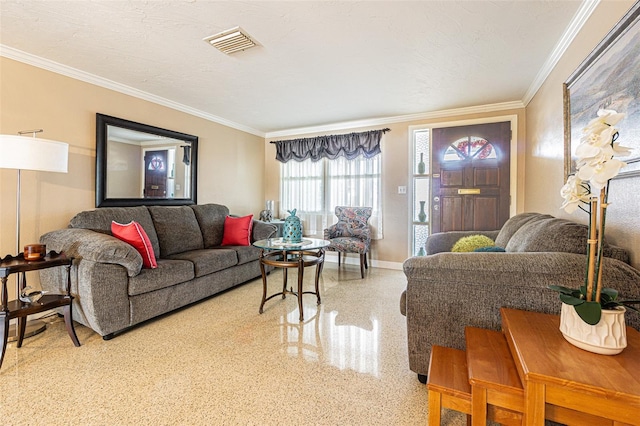 living room featuring crown molding and a textured ceiling