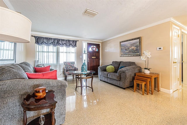 living room featuring crown molding and a textured ceiling