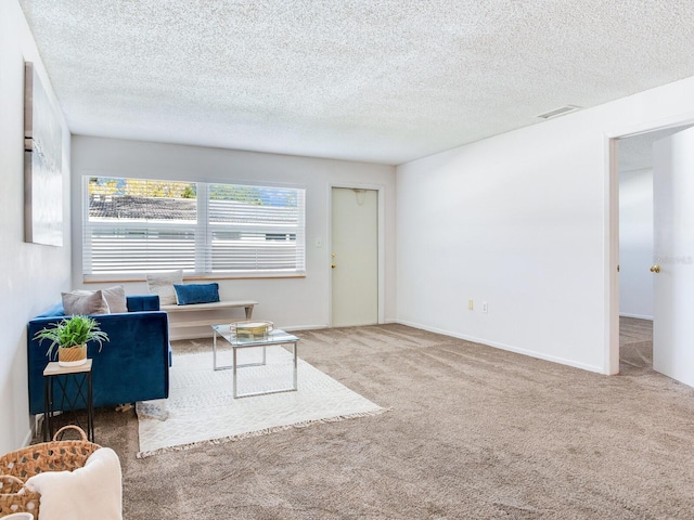 living room with carpet floors and a textured ceiling