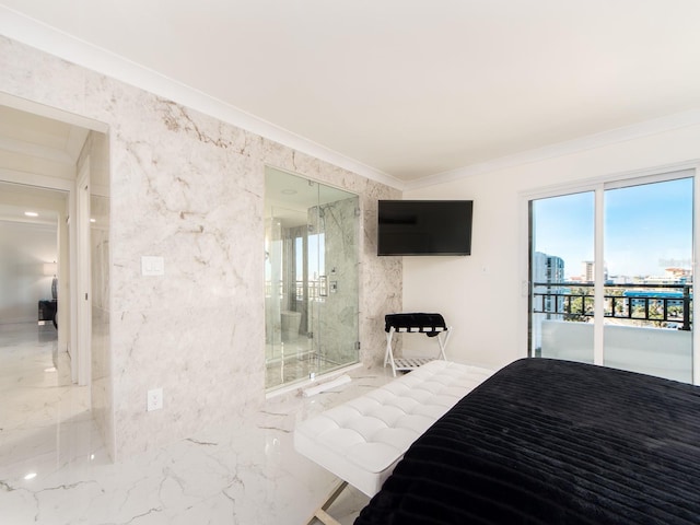 bedroom featuring crown molding and access to outside