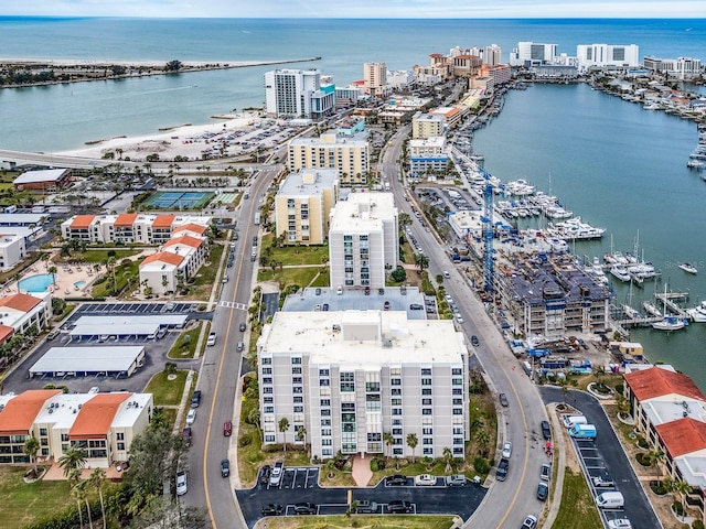 bird's eye view with a water view