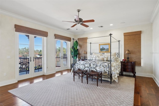 bedroom with french doors, crown molding, dark wood-type flooring, access to outside, and baseboards