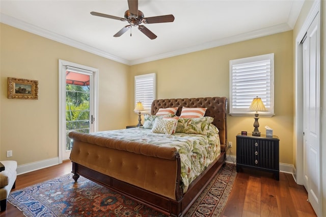 bedroom featuring ornamental molding, access to outside, dark wood-style flooring, and baseboards