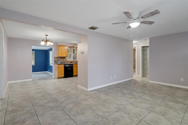 interior space featuring ceiling fan with notable chandelier and built in features