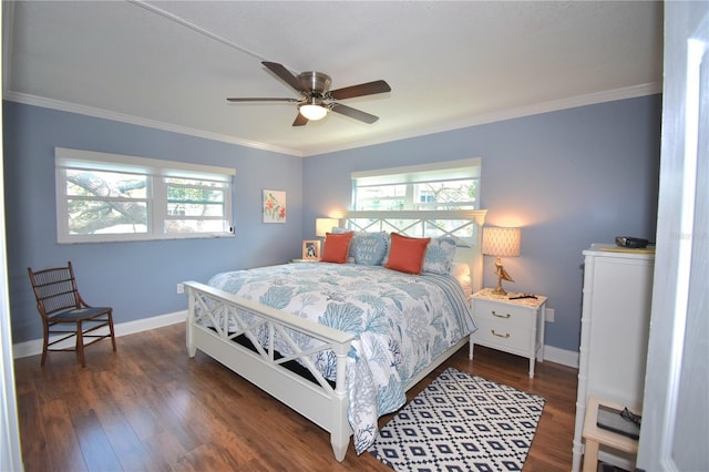 bedroom with ornamental molding and dark wood-type flooring