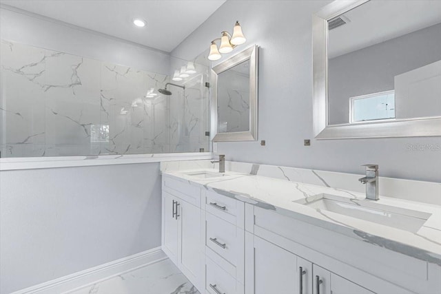 bathroom featuring vanity and a tile shower