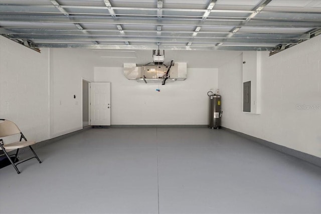 garage with electric panel and electric water heater