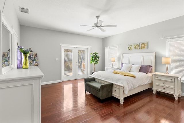 bedroom with dark hardwood / wood-style floors, access to exterior, ceiling fan, and french doors