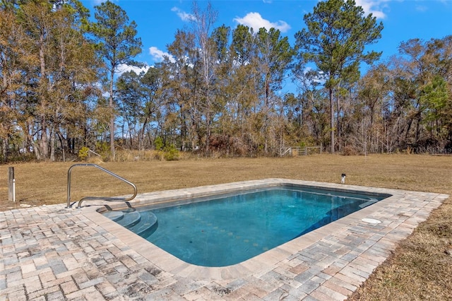 view of pool featuring a patio area and a lawn