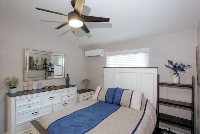 bedroom featuring lofted ceiling, a ceiling fan, and a wall mounted AC