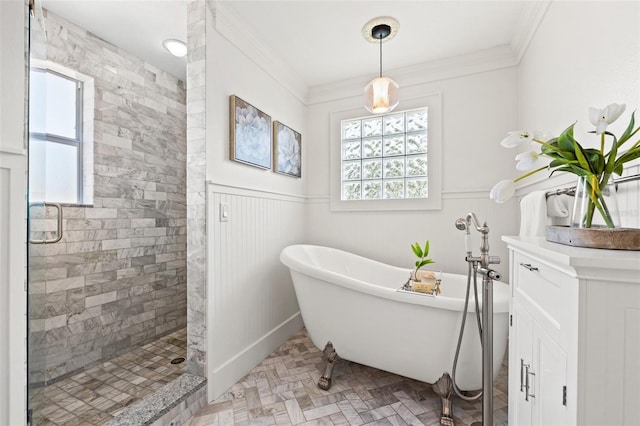 bathroom featuring crown molding and shower with separate bathtub