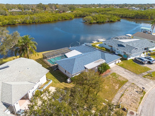 drone / aerial view featuring a water view