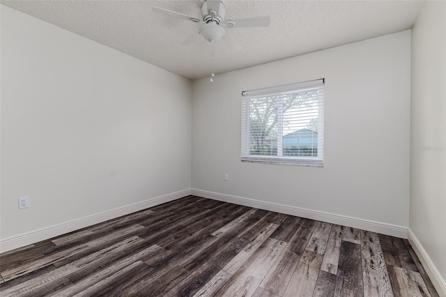 unfurnished room featuring ceiling fan, dark hardwood / wood-style floors, and a textured ceiling